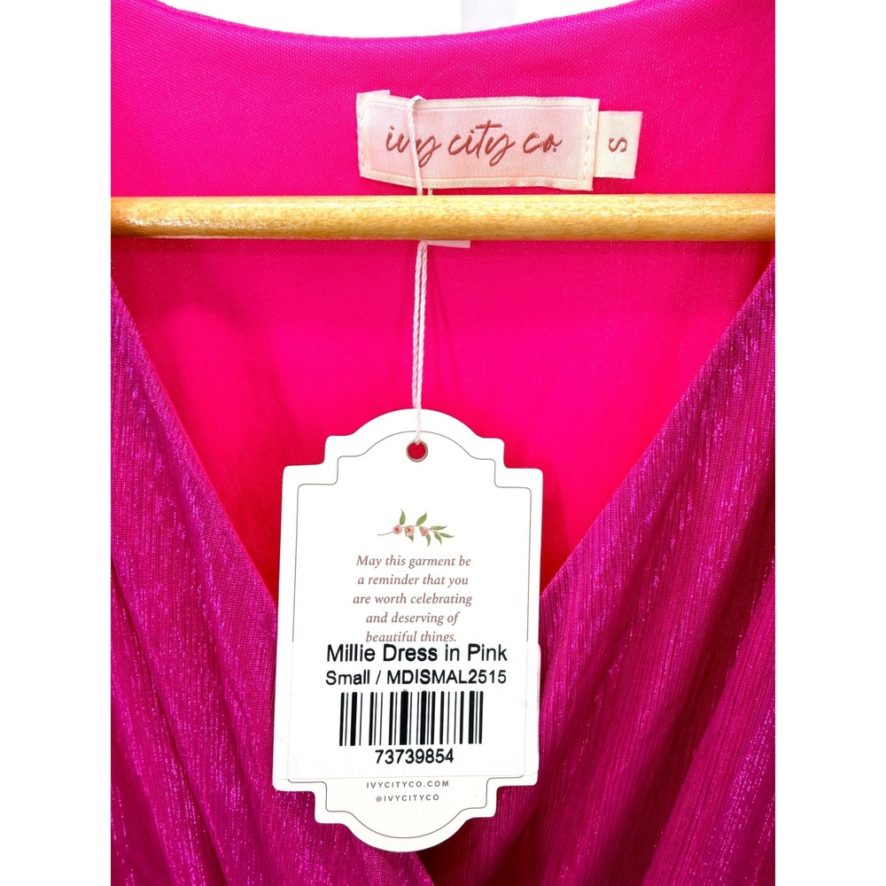 Ivy City Co Millie Dress Pink Metallic Shimmer Belt Midi Womens Small‎ Party New - Picture 4 of 6